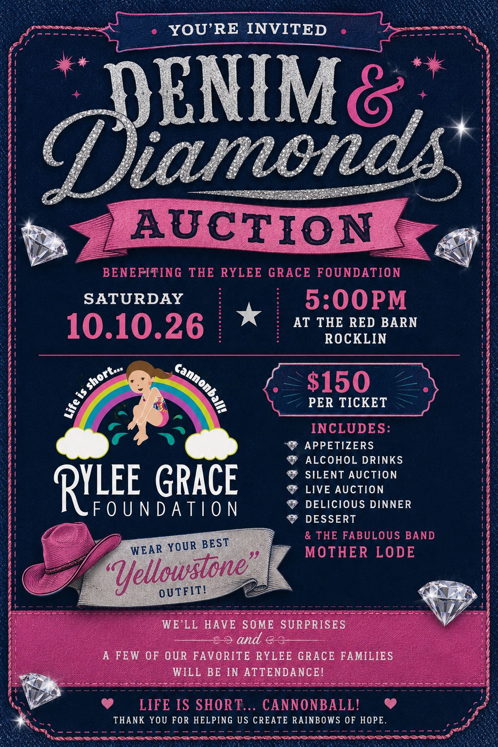 Denim and Diamonds Auction invitation, Saturday October 10 2026 at 5PM, The Red Barn in Rocklin California, $150 per ticket
